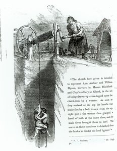 Ein Junge und ein Mädchen werden einen Minenschacht hochgezogen, Illustration gedruckt im 